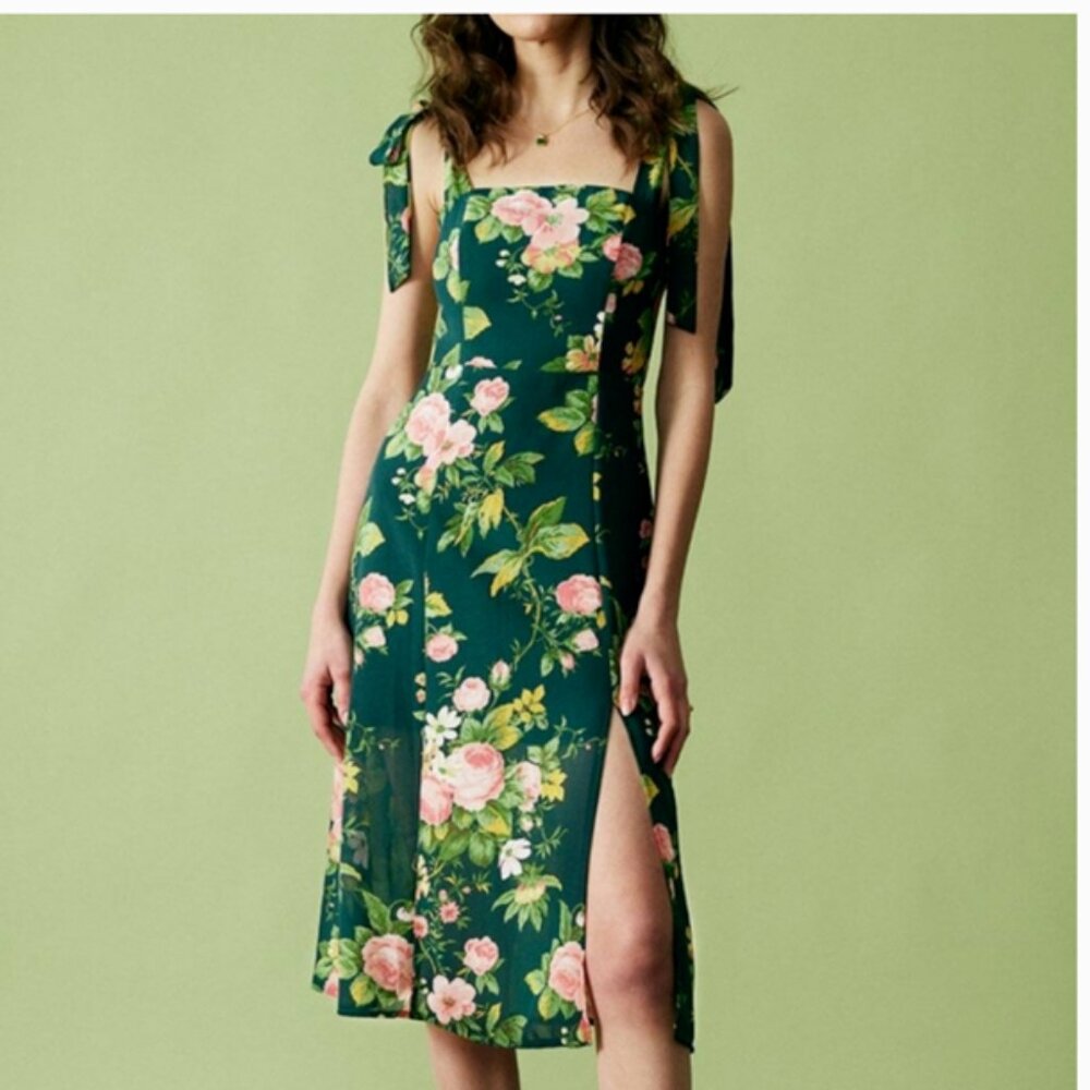 Green Floral Tie Shoulder Slit Midi Dress